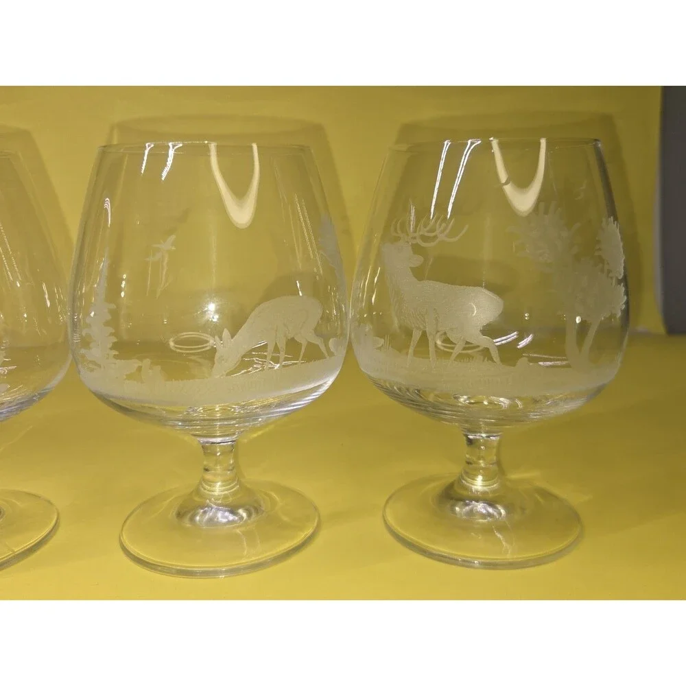 Set Of 4 Brandy Snifters Etched Animals Birds Cognac Glasses Wildlife Glasses 6
